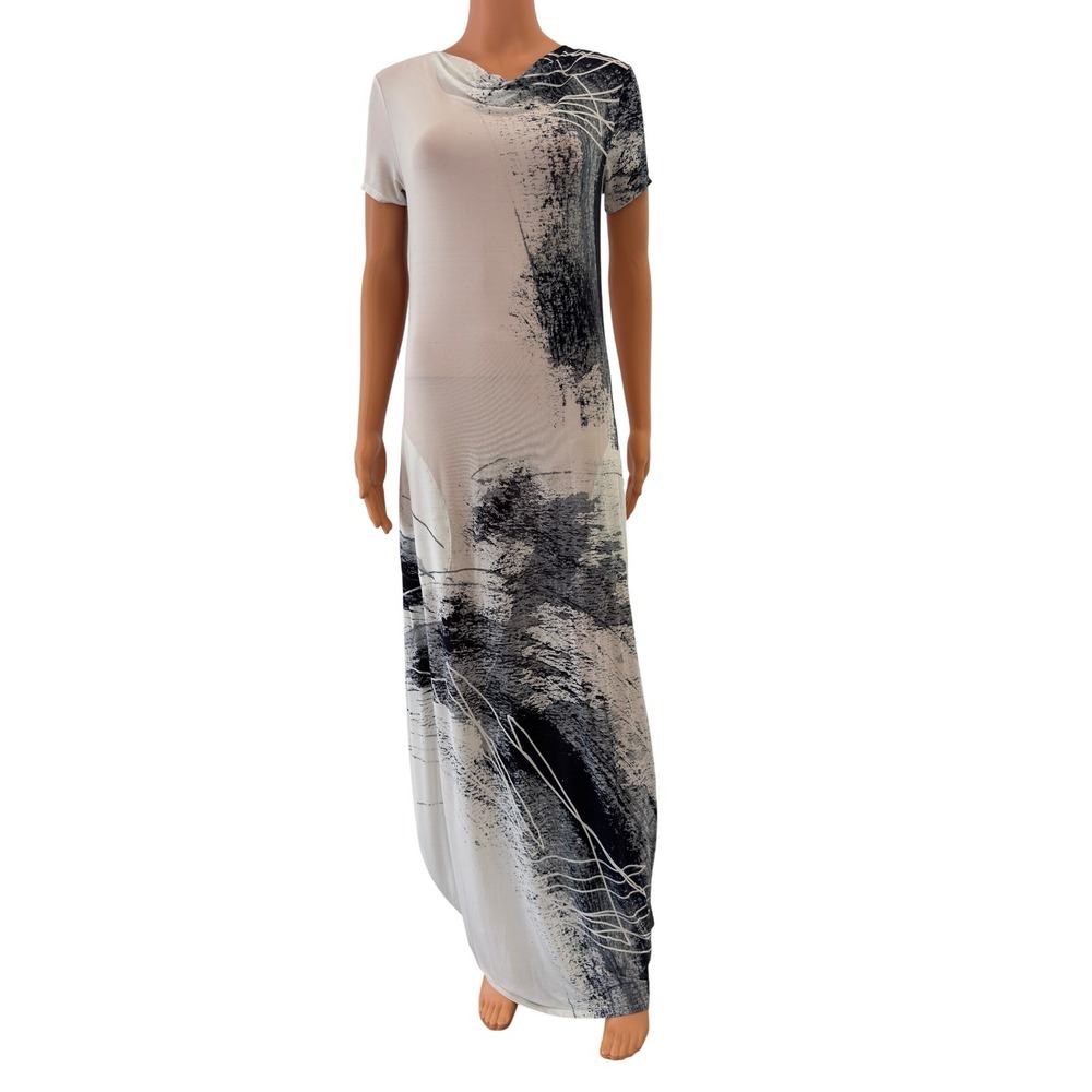 Julie James Abstract Print Cowl Neck Maxi Dress Black White Short Sleeve Size 10